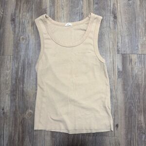 Womens Ribbed Knit Tank Top Tan Scoop Neck Sleeveless Outdoor Everyday Wear